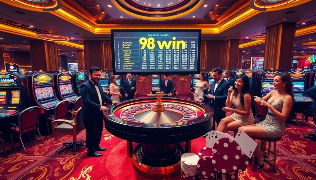 Experience the excitement of 98win with players engaging at a vibrant casino table.