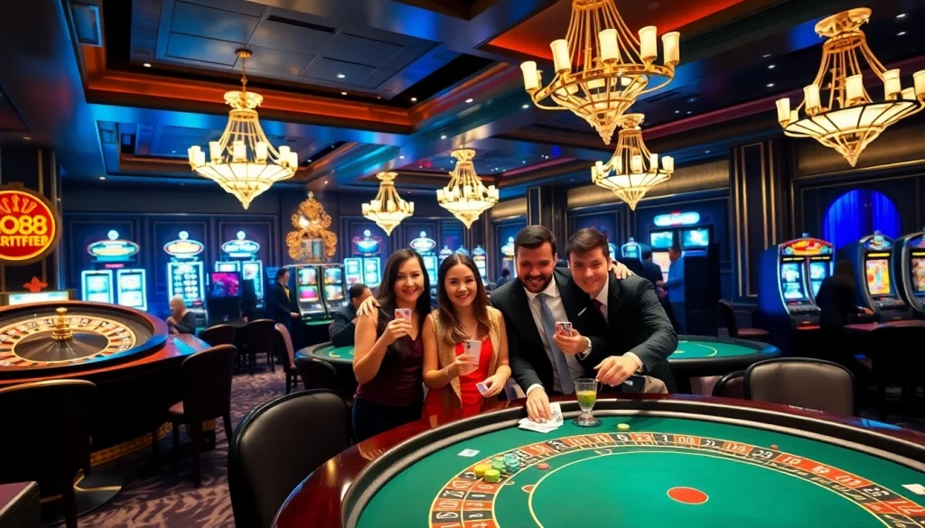 Players enjoying a thrilling game at GO88 casino featuring vibrant tables and slot machines.