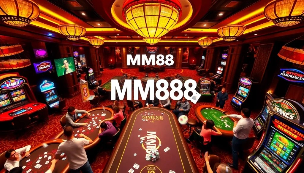 MM88 players strategizing in a vibrant casino atmosphere with action-packed games.