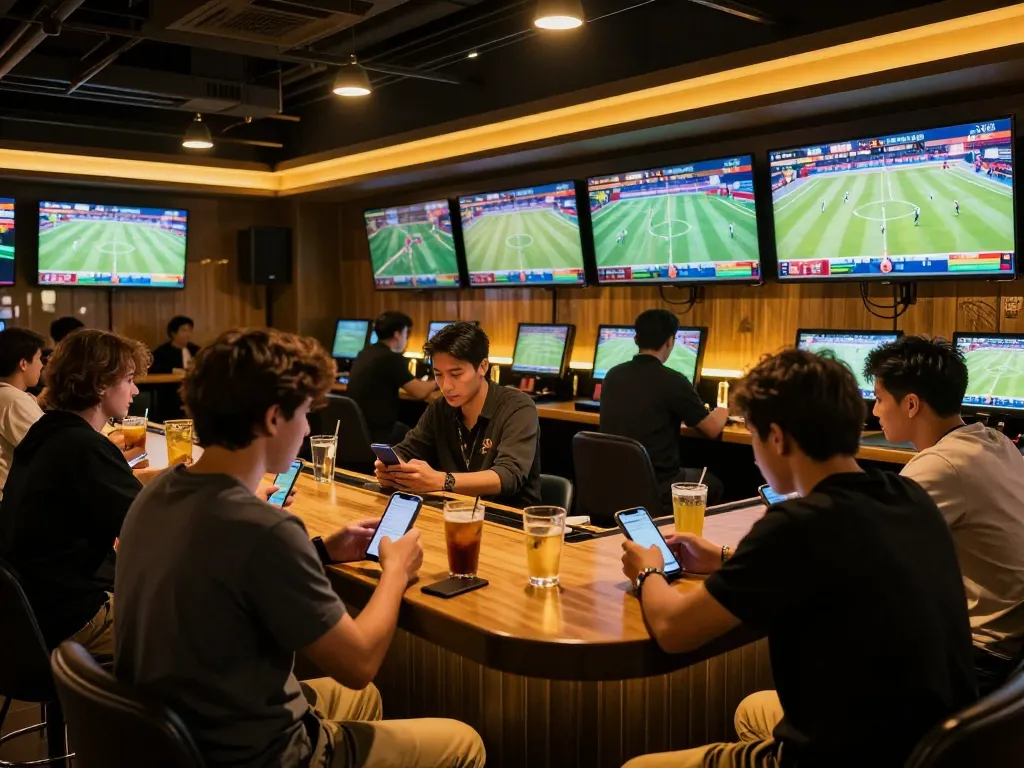 Betting enthusiasts enjoy the thrill of 777X sports betting at a lively bar.