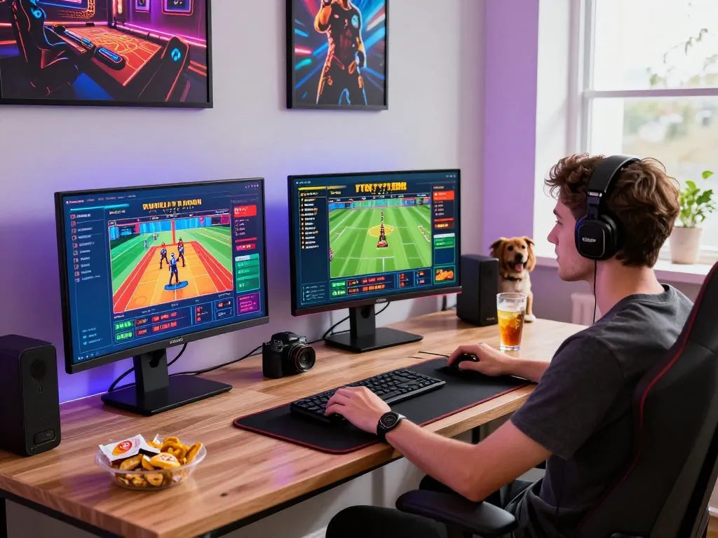 Engaged user enjoying tk88 gaming on multiple screens with vibrant casino graphics.