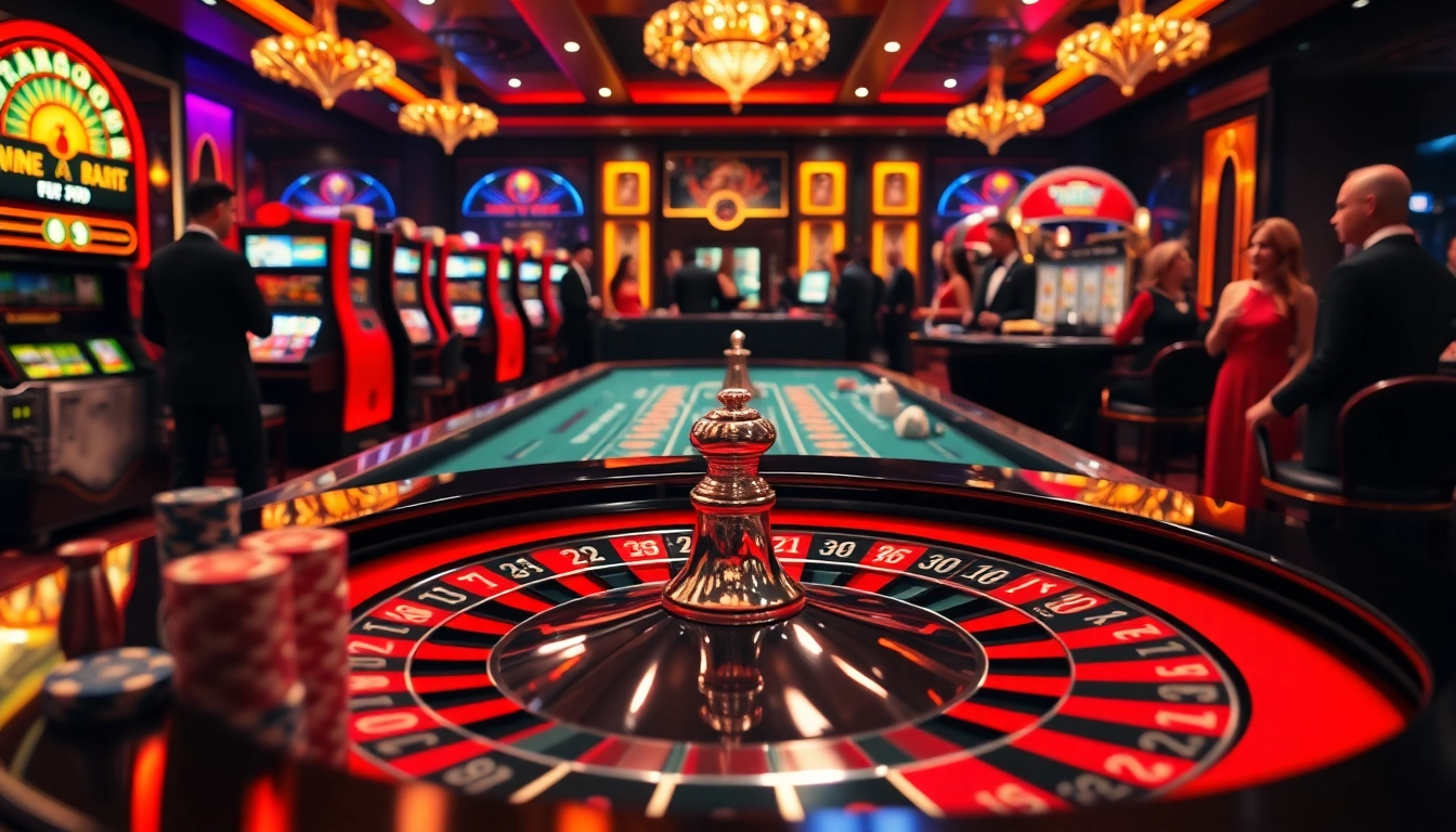 Explorez l'atmosphère vibrante du meilleur casino en ligne avec des joueurs profitant de la roulette et des machines à sous.