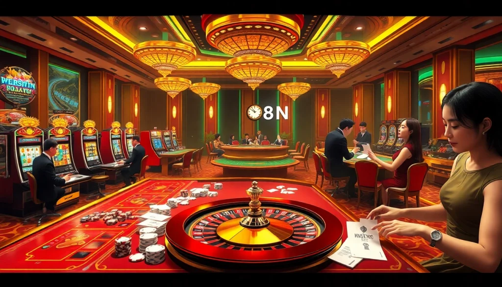 Players enjoying games at 98WIN's luxurious casino tables, showcasing excitement in gambling.