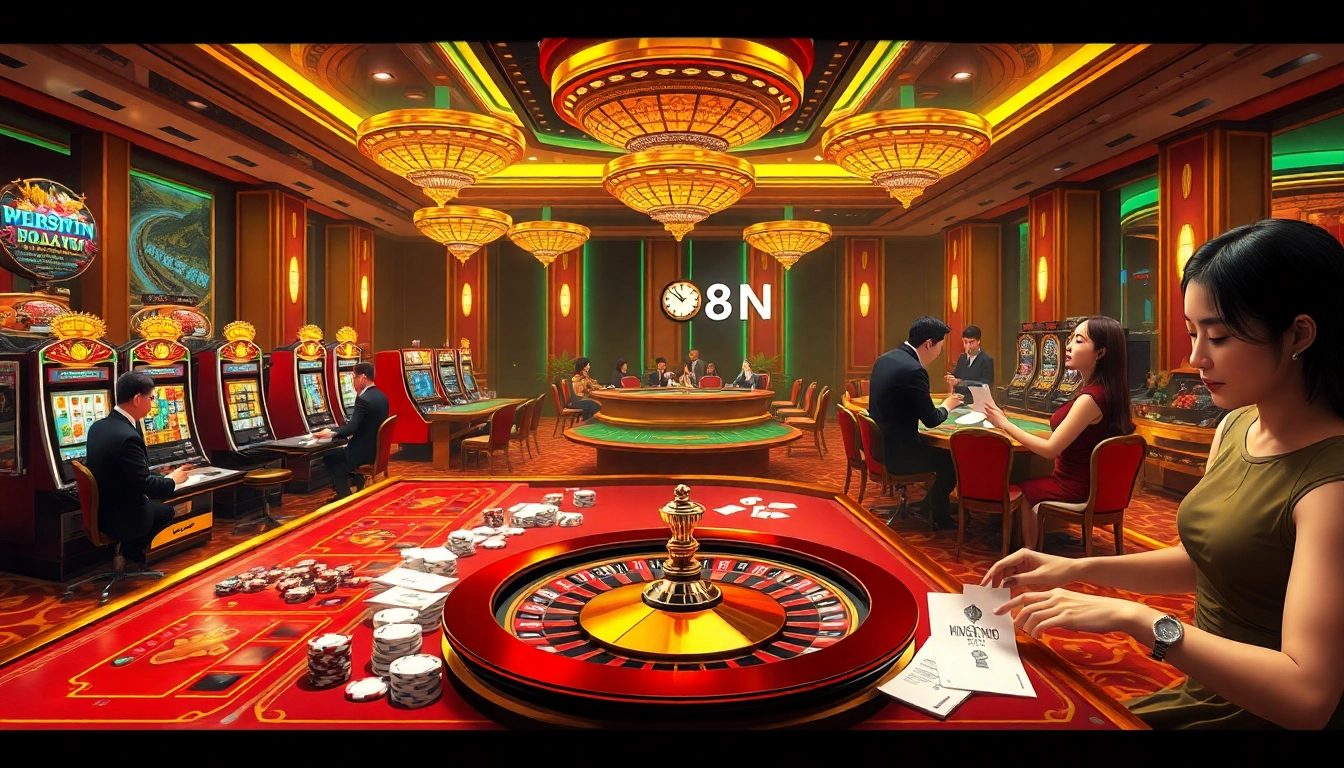 Players enjoying games at 98WIN's luxurious casino tables, showcasing excitement in gambling.