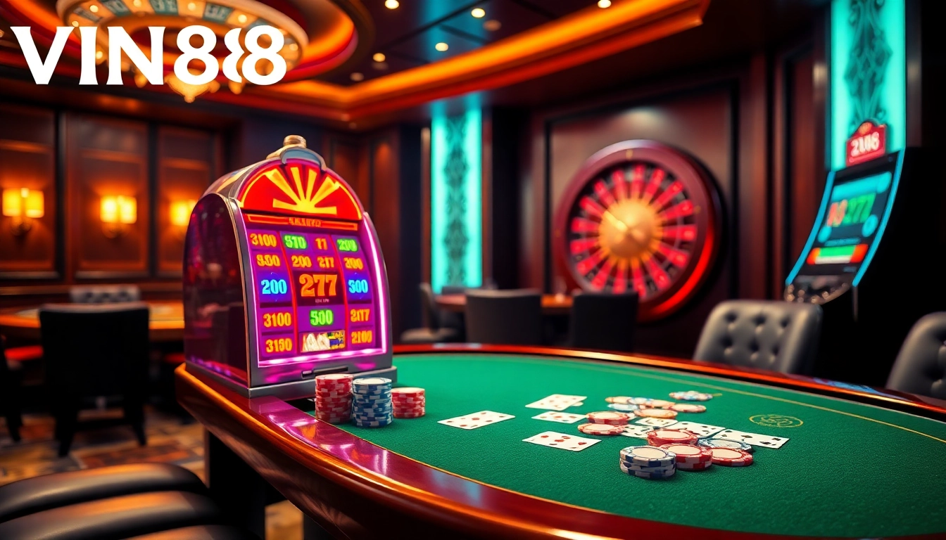 VIN88 casino gaming scene featuring vibrant poker chips, soft lighting, and luxurious ambiance.