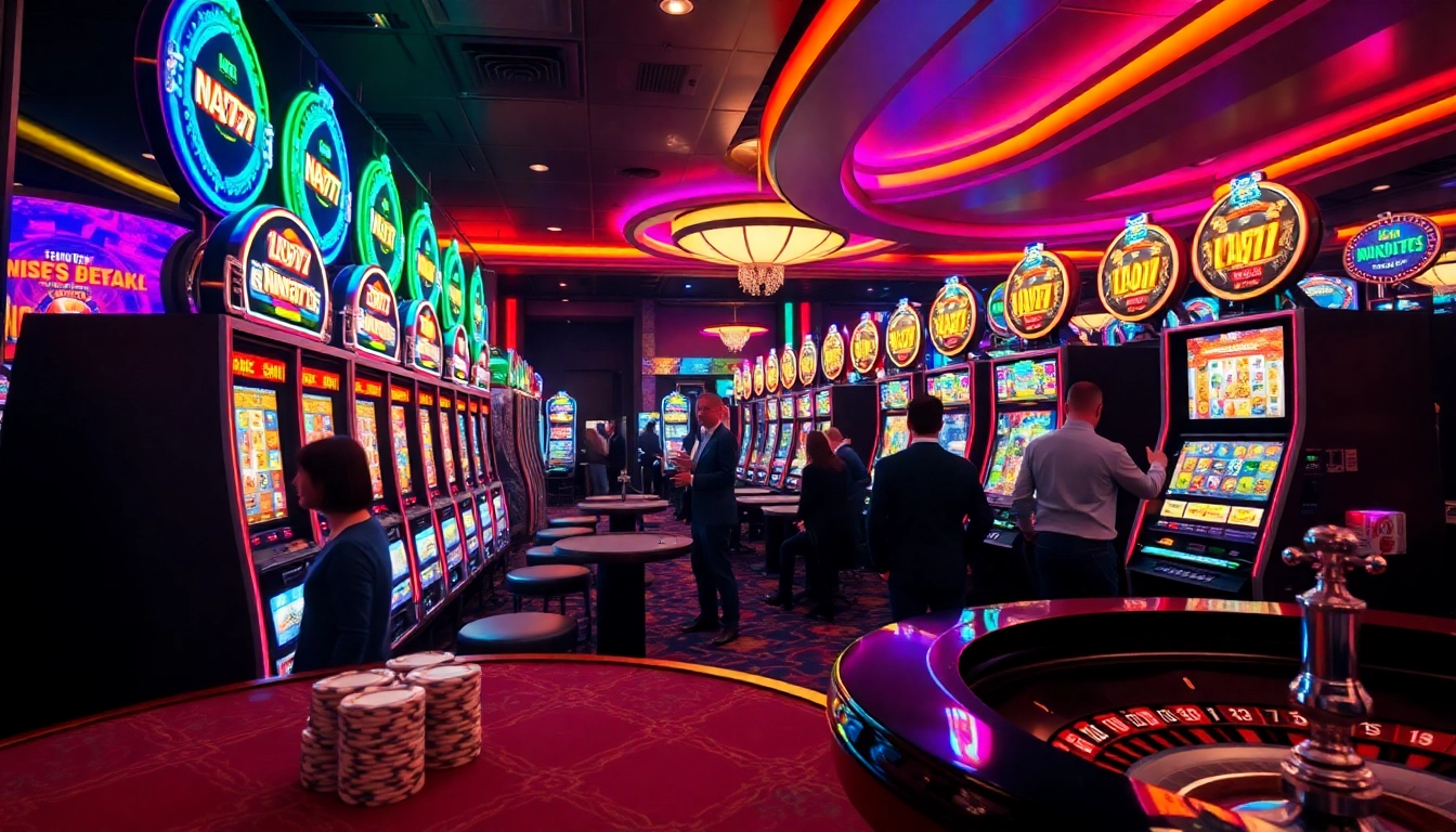 Excited players enjoying slot games at NA777's luxurious casino, vibrant atmosphere, and winning potential.