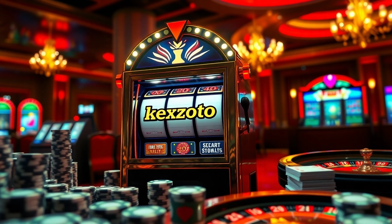 Kenzototo logo highlighted on a luxury slot machine in a vibrant casino environment.