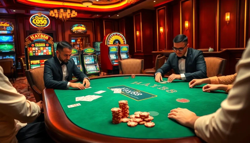 Players engaging in high-stakes poker under Hay88 branding at a luxurious casino table.