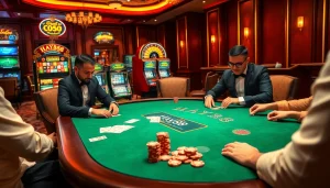Players engaging in high-stakes poker under Hay88 branding at a luxurious casino table.