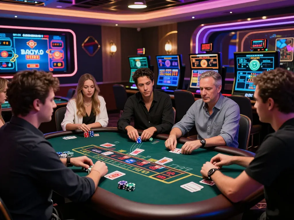 Players engaging in live baccarat games at a luxurious online casino, highlighting features of 바카라사이트.