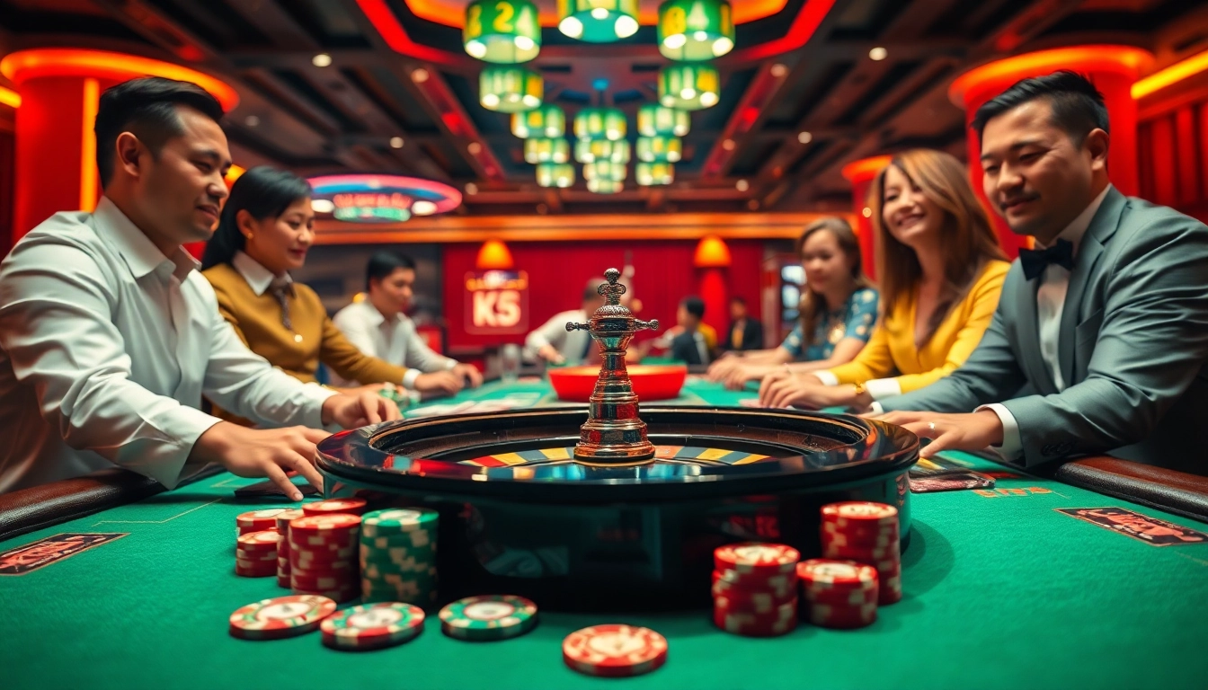 Liên minh KJC players engaging in a vibrant casino scene with poker chips and cards.