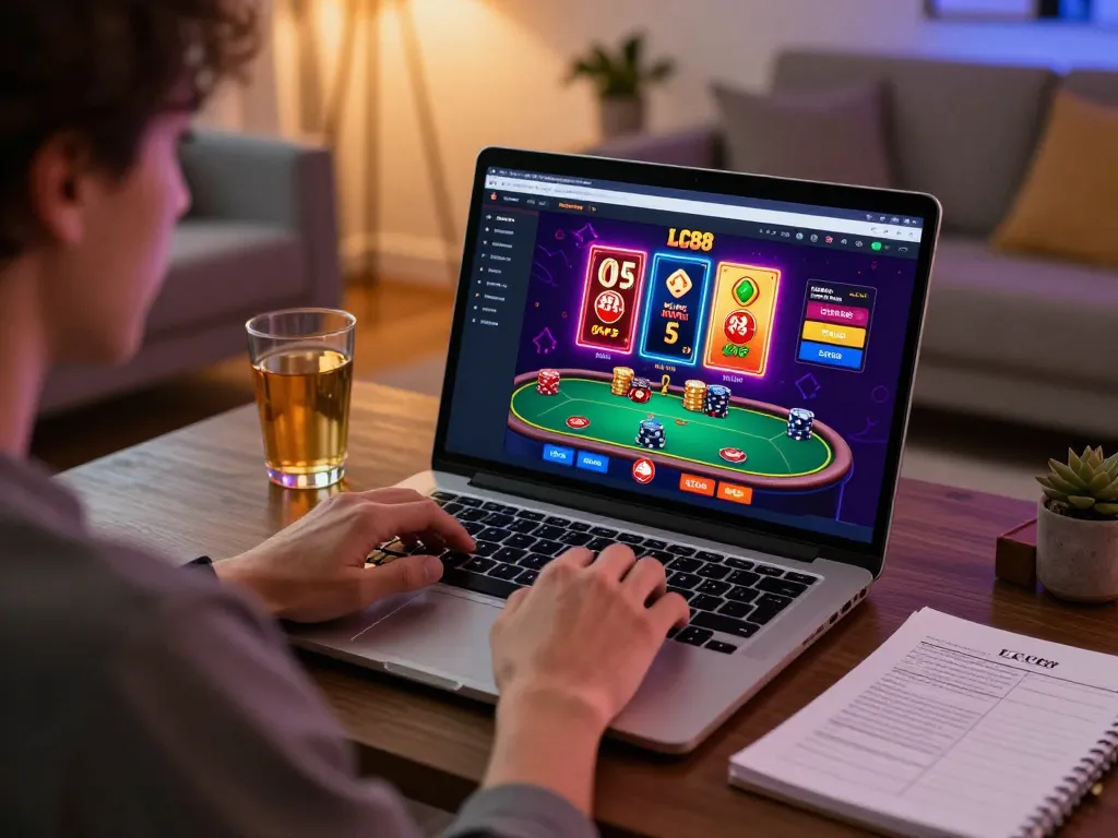 Engaging moment of an LC88 player immersed in online casino gaming with strategy notes around.