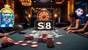 Experience the thrill of gambling at a luxurious S8-themed poker table with vibrant chips and cards.