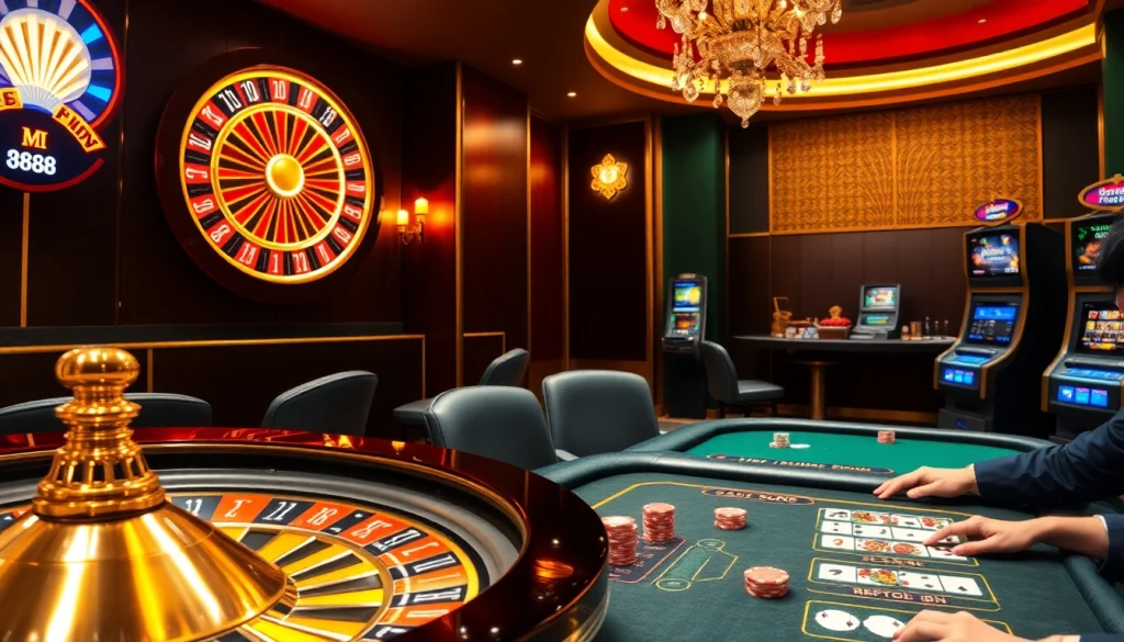 Experience the thrill of MM888 at a luxurious casino, with stunning slot machines and poker chips.
