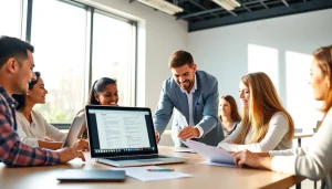 Engaging scene showing online exam assistance with students and a tutor in a modern classroom setting.