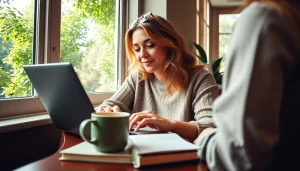 A vibrant UK Lifestyle Blog capturing a blogger in a serene café setting with a laptop.