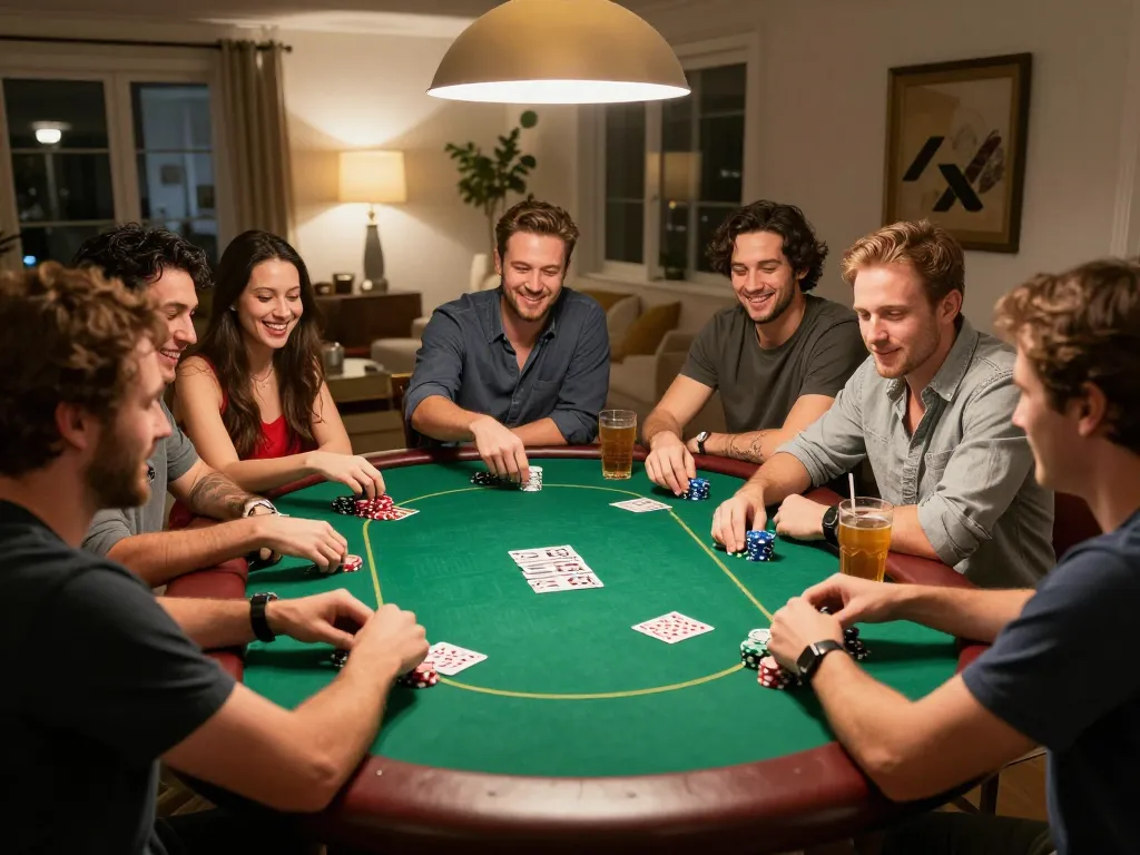 Friends engaging in a lively poker game at home, showcasing the interactive atmosphere of F168 gaming experience.