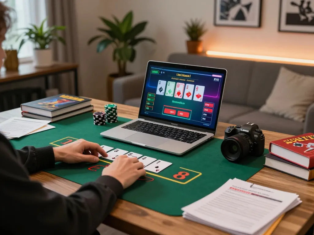 Playing online blackjack at lc88 com in a cozy home environment, focusing on strategic gameplay.
