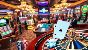 F8BET casino featuring players at roulette and blackjack tables with colorful slot machines.