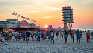 Experience vibrant beach life at https://myrtlebeachsc.com/ during sunset as lively crowds enjoy the scenery.
