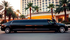 Los Angeles Limo service with a luxurious black stretch limousine and professional chauffeur at a high-end hotel.