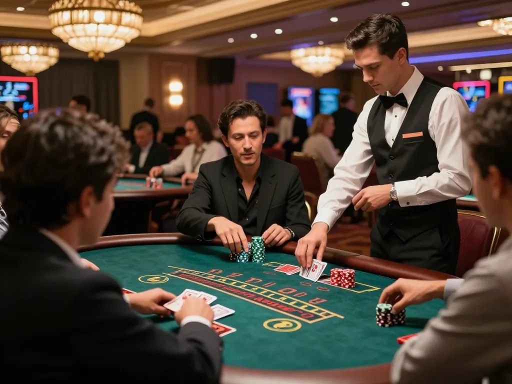 Players engage in a high-stakes blackjack game, showcasing strategic betting with TX88 chips in an upscale casino.