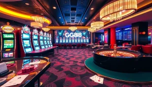 Experience the excitement of GG88 with vibrant casino tables, colorful chips, and dynamic slot machines.