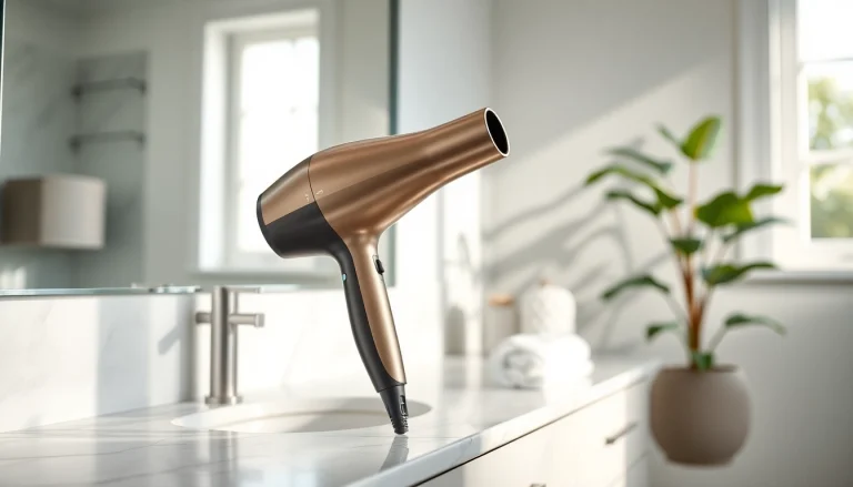 Revitalizing frizzy hair dryer showcased with modern design and plush bathroom decor.