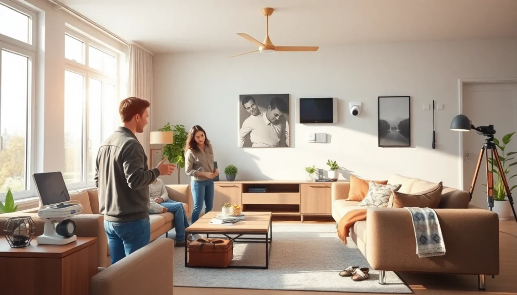 Instalación avanzada de alarmas de seguridad en una sala de estar contemporánea, mejorando la seguridad del hogar.