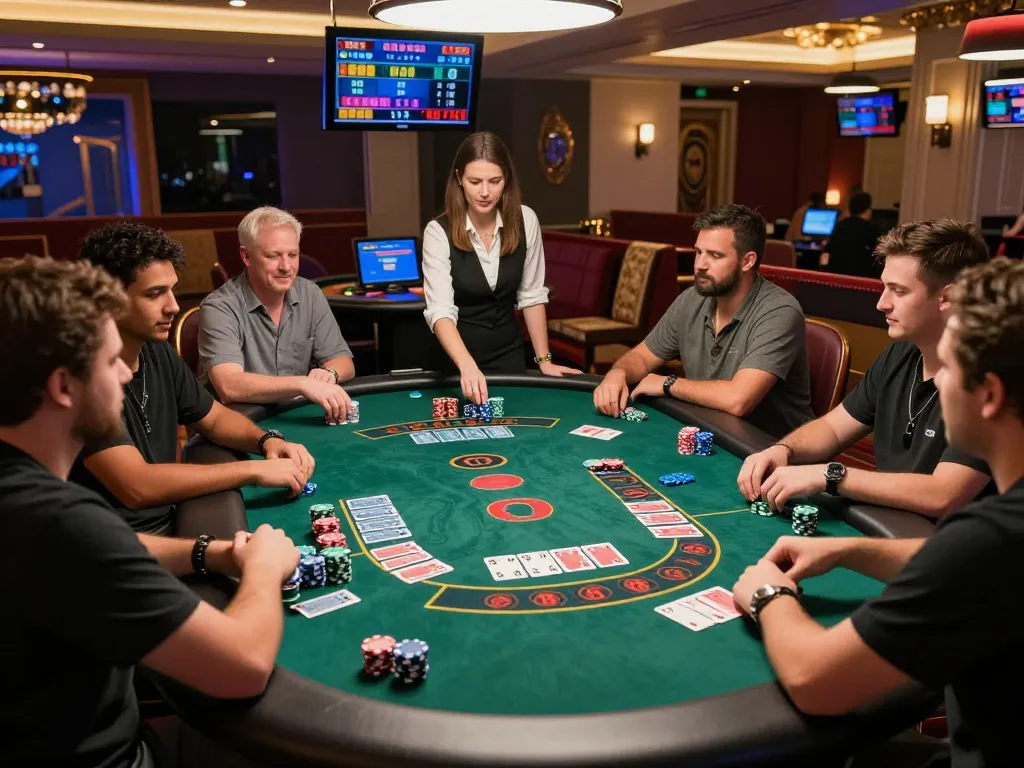 Exciting baccarat game in vibrant online casino setting showcasing diverse players, chips, and digital displays for engaging baccarat사이트 experience.
