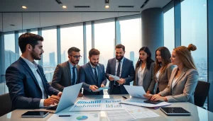 Accounting Services in Dubai showcased in a modern office with diverse professionals discussing financial reports.