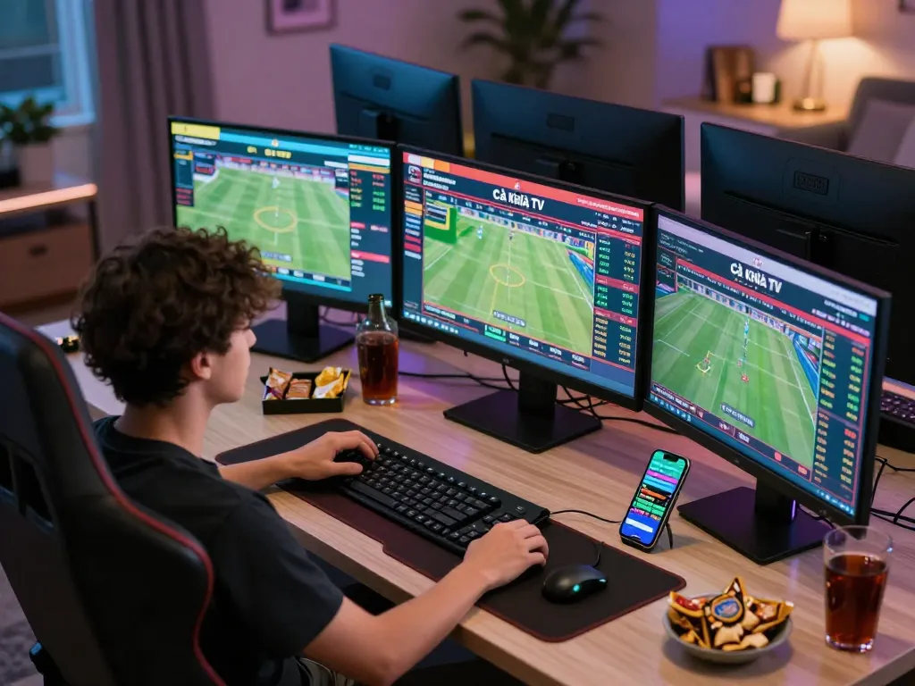 Cà Khịa TV providing exciting online sports betting experience on multiple screens in a modern setup