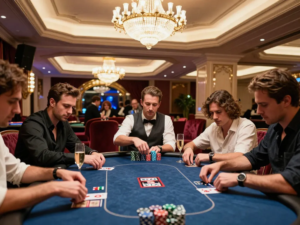 Players strategizing in a luxurious casino poker room at Link Gaco