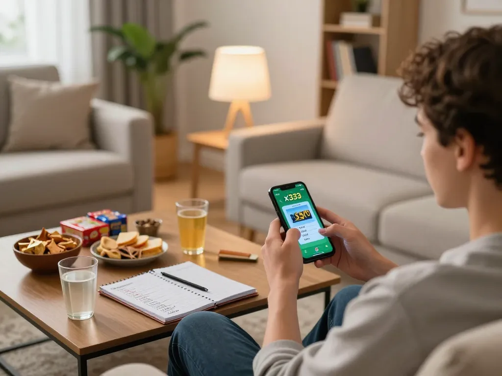 An engaged player uses the x333 app on their smartphone in a cozy living room, showcasing online gambling excitement.