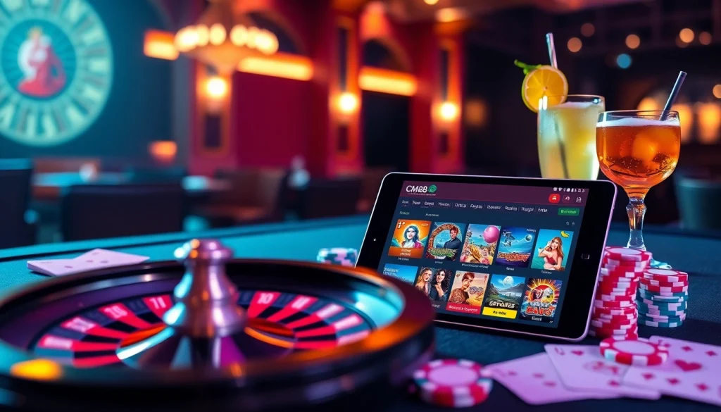 CM88 online casino app displayed on a tablet amidst vibrant gambling elements.