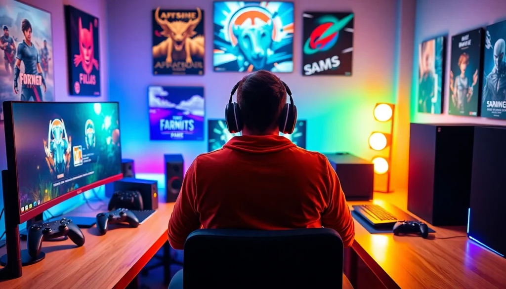 Engaging scene of games to play by yourself with a gamer at a colorful desk.