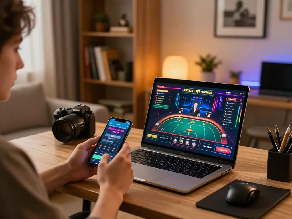 Engaged player enjoying tg887 live dealer game on laptop while managing bets on smartphone