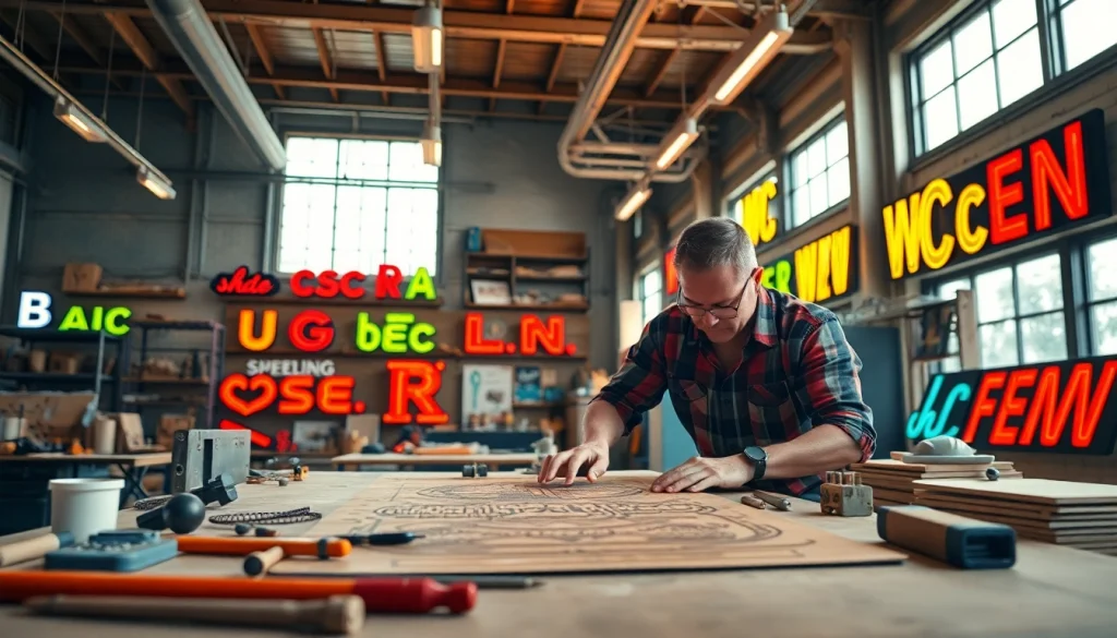 Sign company Edmonton crafting unique signs in a vibrant, well-lit workshop.