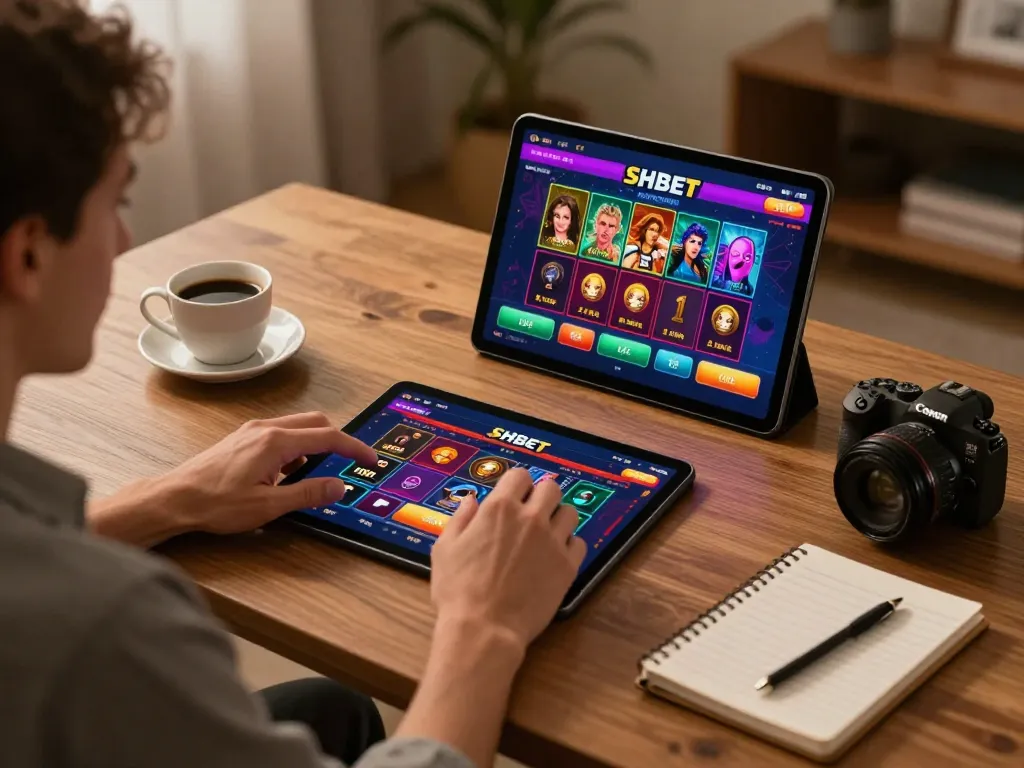Player engaging with SHBET online casino game on tablet in a cozy home setting.