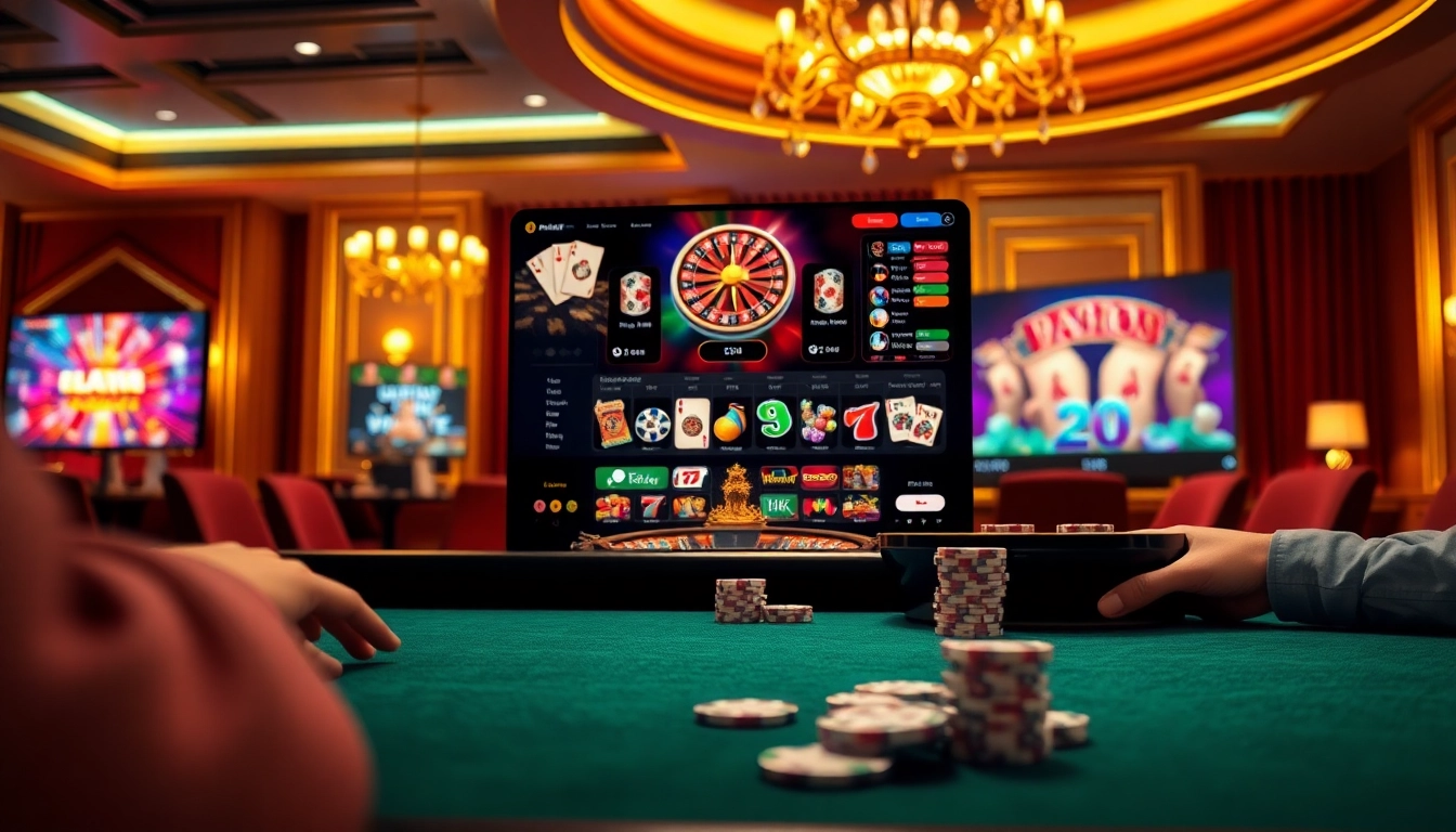 Adegan perjudian online dinamis menampilkan elemen "kit 4D" seperti chip poker, kartu, dan permainan yang menarik.