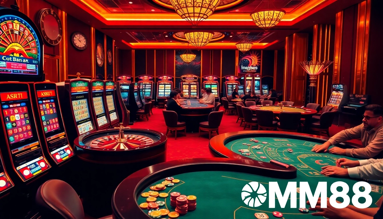 Experience the thrill of MM88 with players engaged at luxurious casino tables.
