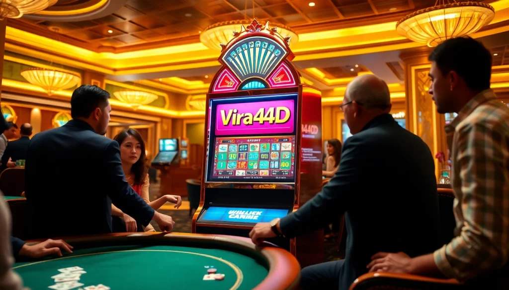 Players enjoying slots and poker games at a luxurious casino themed around viral4d.
