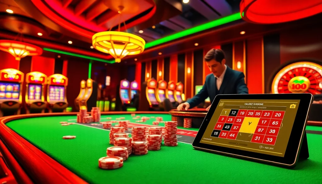 Experience the excitement of online betting at https://mk8.sh/ with a sleek casino table and vibrant gaming elements.