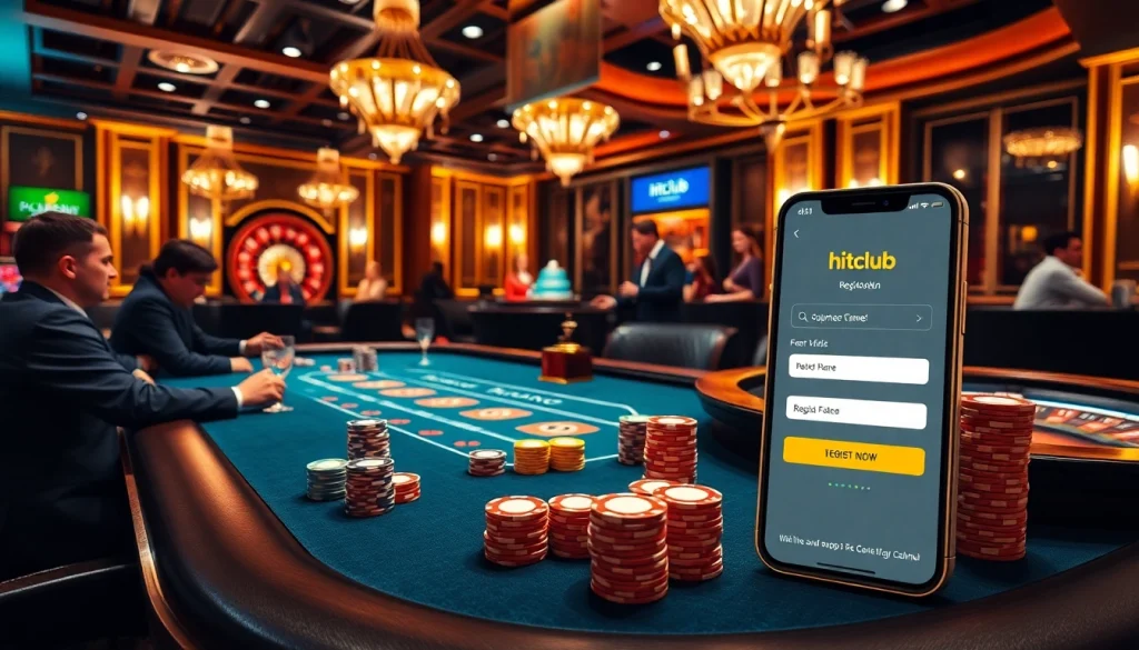 Hitclub đăng ký on a bustling casino gaming table displaying poker chips and a roulette wheel.