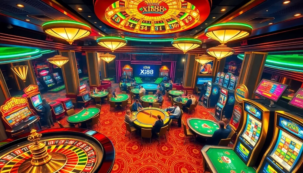 Players at xin88 celebrate wins at luxurious casino tables amidst vibrant lights and excitement.