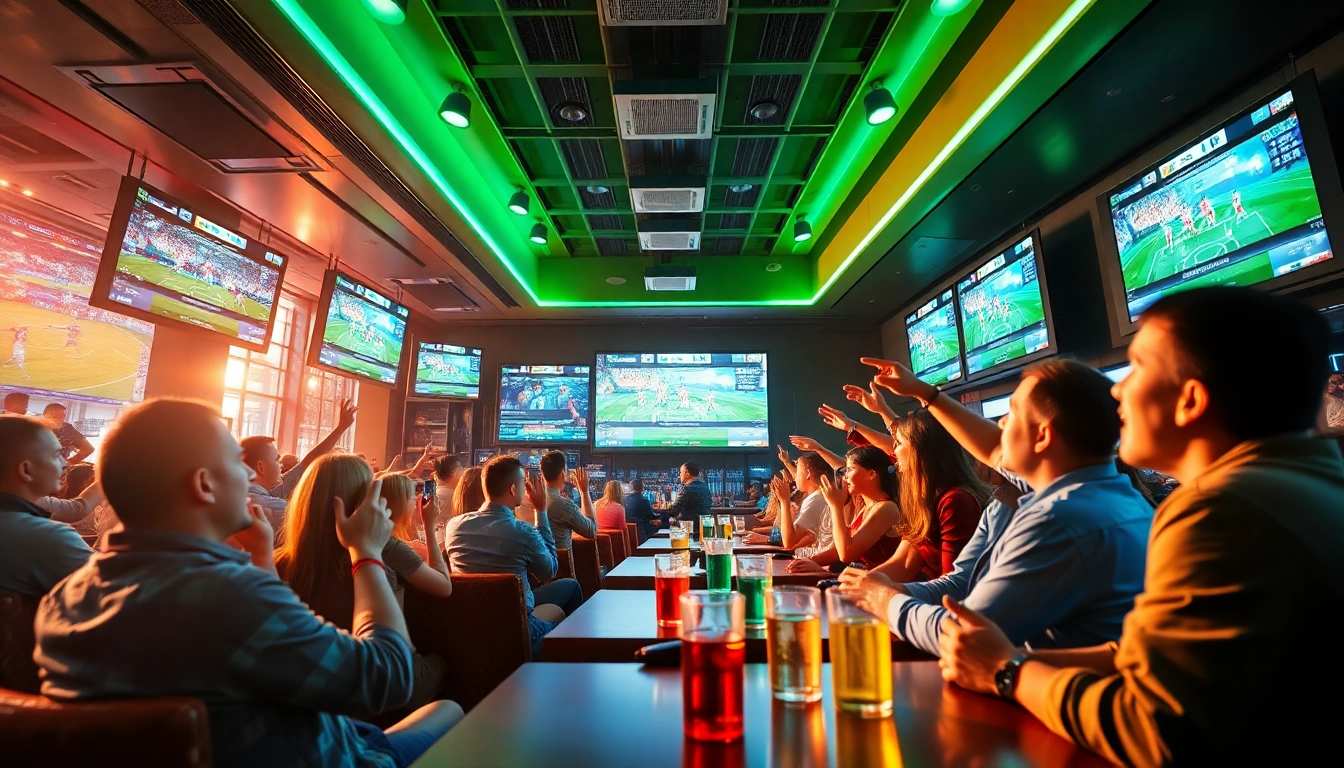 Exciting sports fans engaged in 토토스토리 betting in a lively lounge atmosphere
