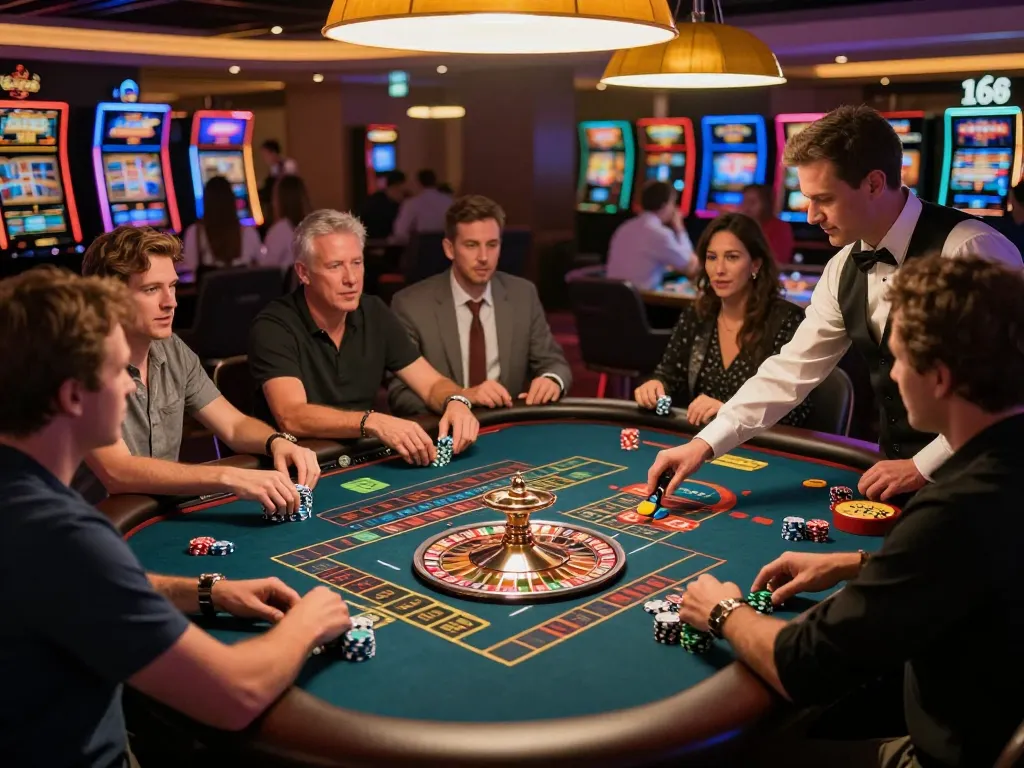 F168 players placing bets at a lively roulette table with colorful chips and spinning wheel