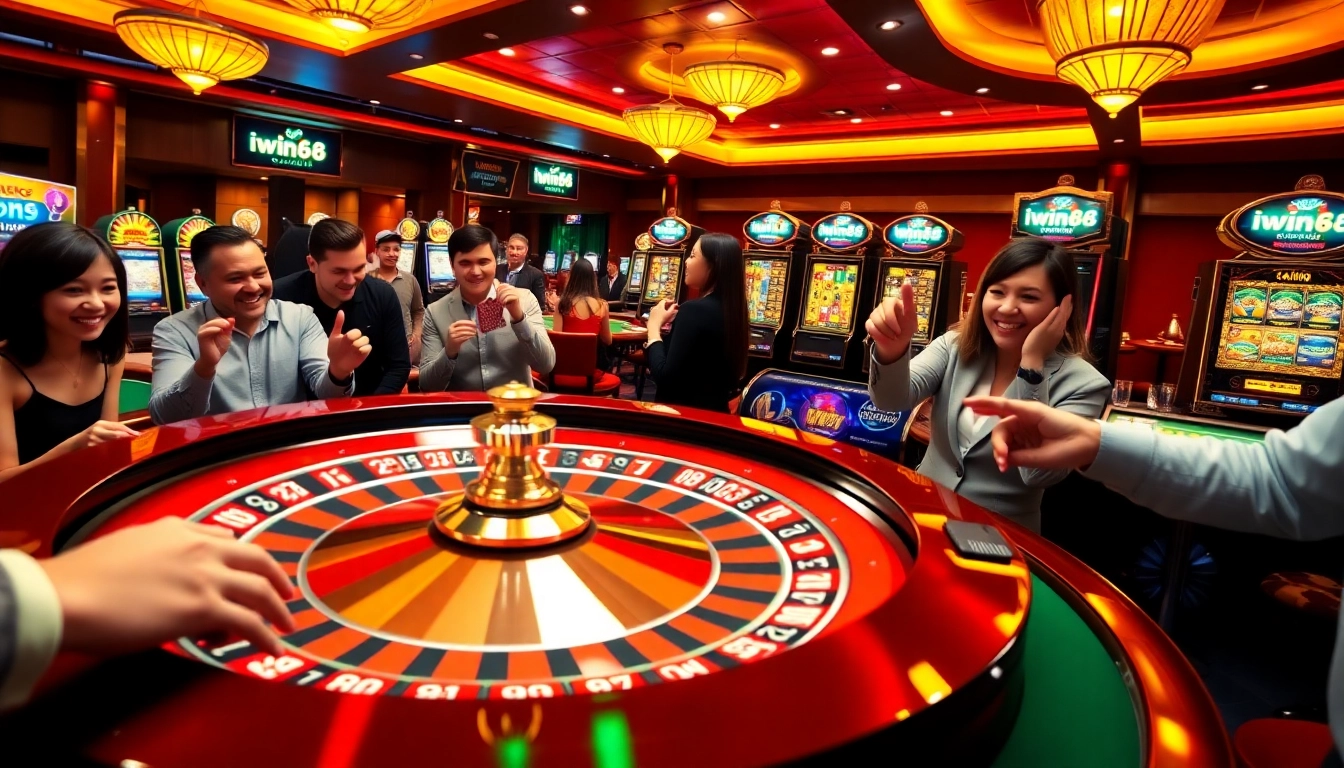 Exciting gambling scene at Iwin68 with players at roulette and slot machines, capturing the thrill of winning.