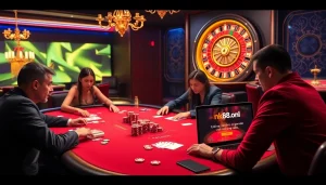 Engaging poker scene at nk88.onl showcasing high-stakes players and vibrant chips.