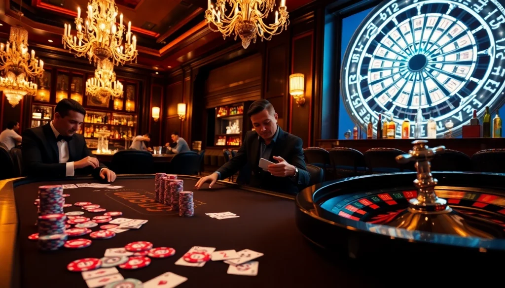 F168 casino players strategizing at a high-stakes poker table, showcasing excitement and luxury.